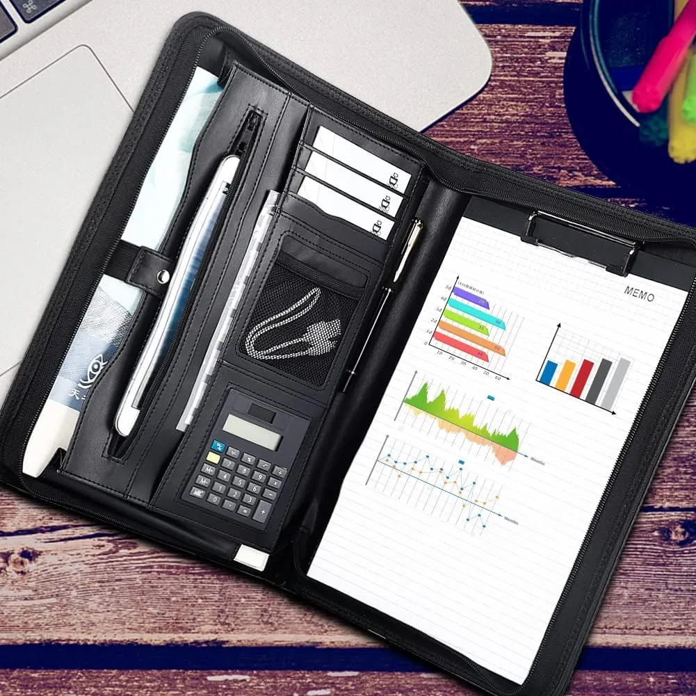 Eshow Leather Portfolio Professional Business Padfolio with Zipper - Interview Resume Notefolio Premium Legal Document Organizer with Card Holder, Writing Pad and File Folders for Men and Women