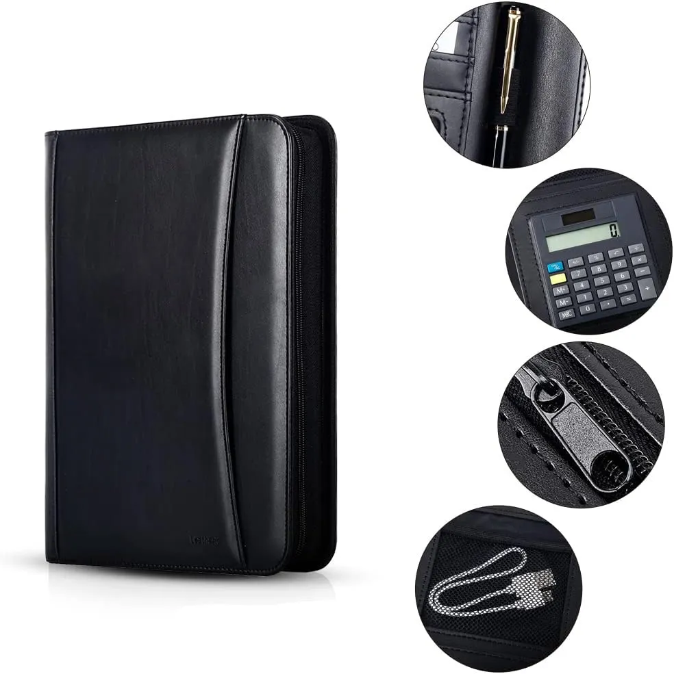 Eshow Leather Portfolio Professional Business Padfolio with Zipper - Interview Resume Notefolio Premium Legal Document Organizer with Card Holder, Writing Pad and File Folders for Men and Women