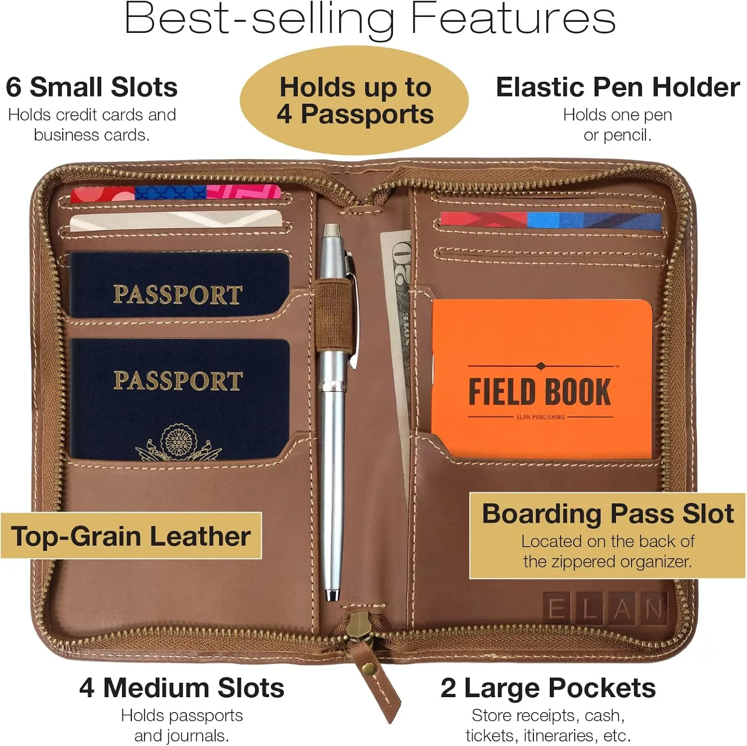EXCELLO GLOBAL PRODUCTS Leather Travel Wallet & Passport Holder, Black Split Grain Leather