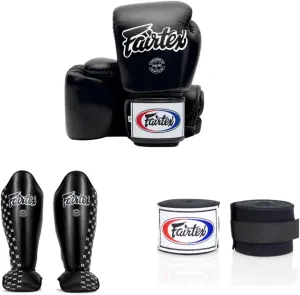 Fairtex BGV1 14 oz Black Glove   Fairtex SP5 Black Medium Shin Guard   Fairtex Muay Thai Handwrap Black 180 inch