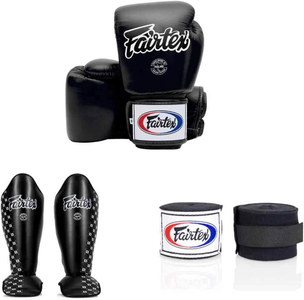 Fairtex BGV1 14 oz Black Glove   Fairtex SP5 Black Medium Shin Guard   Fairtex Muay Thai Handwrap Black 180 inch