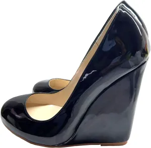 Fashion Women’s Wedges Round Toe High Heels Pumps Comfortable Shoes for Ladies Formal & Casual Wear Black Patent Leather