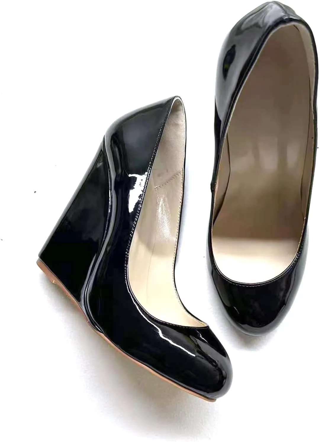 Fashion Women’s Wedges Round Toe High Heels Pumps Comfortable Shoes for Ladies Formal & Casual Wear Black Patent Leather