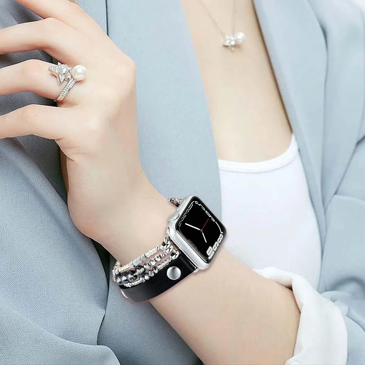 fastgo Bracelet Band Leather Compatible with Apple Watch 44mm 45mm 42mm 49mm Women, Dressy Fancy Elastic Beaded Jewelry Strap for Iwatch SE & Series 9 Ultra 8 7 6 5 4 3 2 1(Black,42/44/45/49mm)