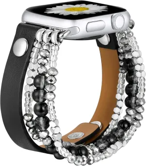 fastgo Bracelet Band Leather Compatible with Apple Watch 44mm 45mm 42mm 49mm Women, Dressy Fancy Elastic Beaded Jewelry Strap for Iwatch SE & Series 9 Ultra 8 7 6 5 4 3 2 1(Black,42/44/45/49mm)