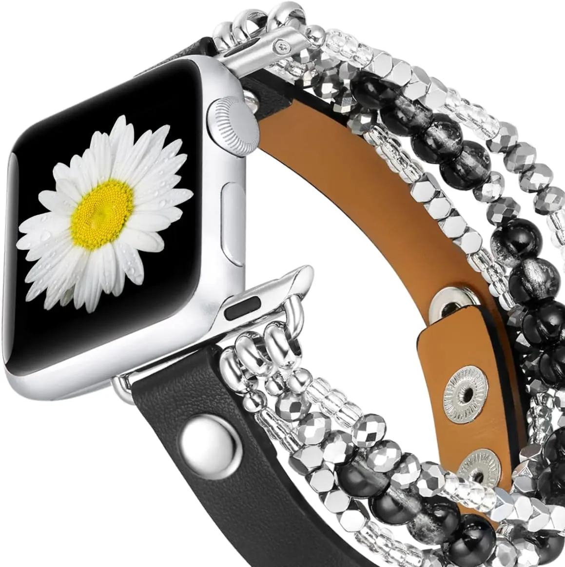 fastgo Bracelet Band Leather Compatible with Apple Watch 44mm 45mm 42mm 49mm Women, Dressy Fancy Elastic Beaded Jewelry Strap for Iwatch SE & Series 9 Ultra 8 7 6 5 4 3 2 1(Black,42/44/45/49mm)