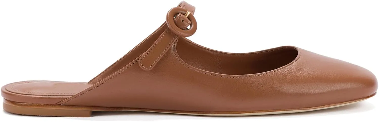 Flat Mules for Women Cute Closed Round Toe Slides Slip On Buckle Strap Mary Jane Backless Ballerina Flats Shoes