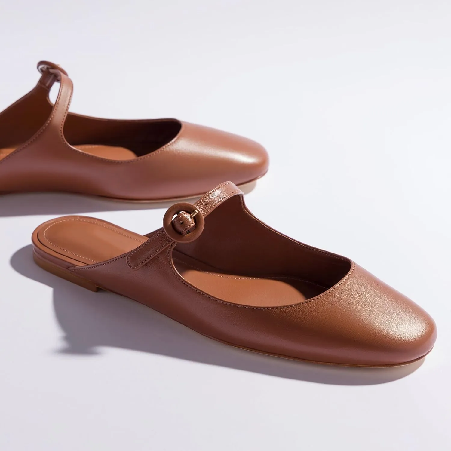 Flat Mules for Women Cute Closed Round Toe Slides Slip On Buckle Strap Mary Jane Backless Ballerina Flats Shoes