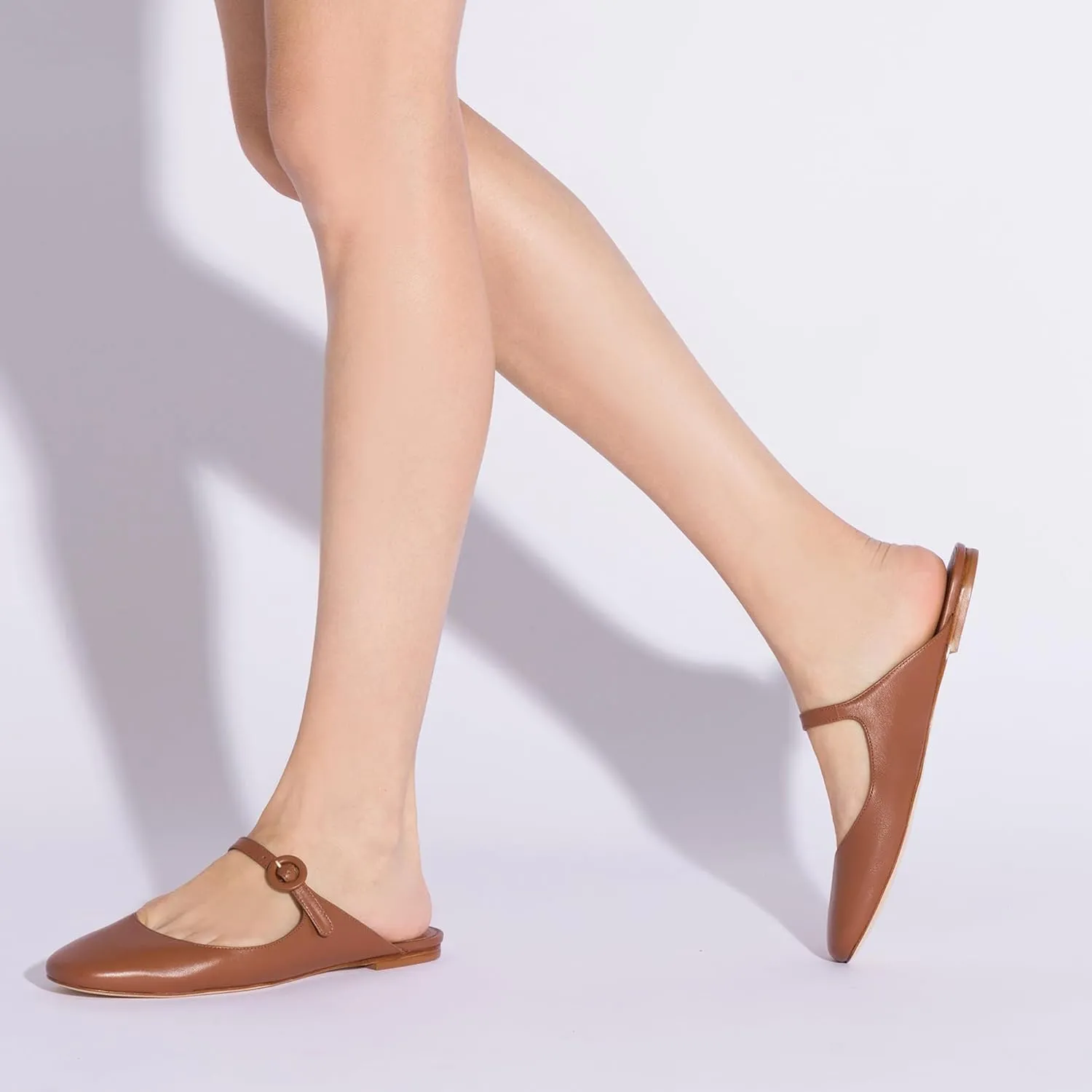 Flat Mules for Women Cute Closed Round Toe Slides Slip On Buckle Strap Mary Jane Backless Ballerina Flats Shoes