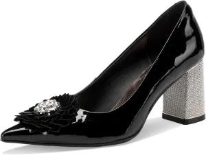 Flower High Heels for Women Pointed Toe Pumps Rhinestone Crystal Closed Toe Chunky Block Dressy Comfortable Sexy Elegantes Wedding Slip On Formal Prom Sparkly 3 Inch Pump