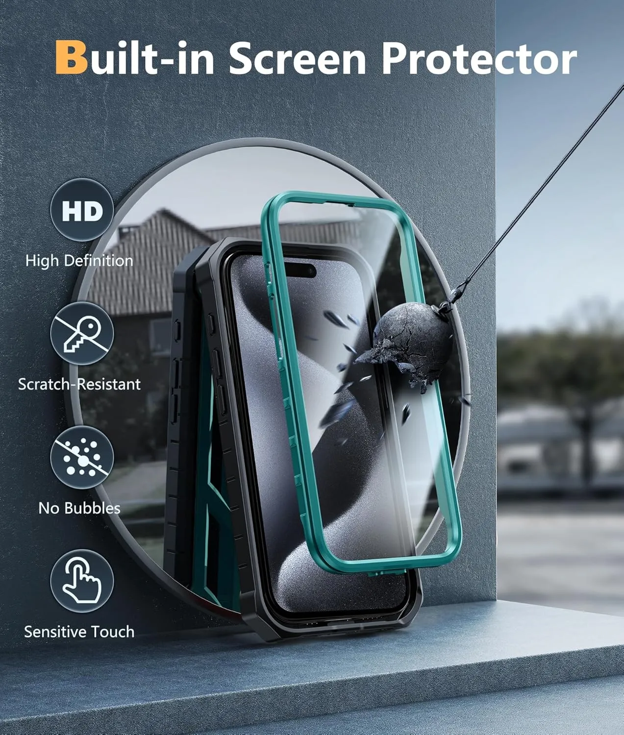 FNTCASE for iPhone 15-Pro-Max Case: Military Grade Drop Proof Rugged Protective Cell Phone Cover with Kickstand & Built-in Protector | Matte Textured Shockproof TPU Hybrid Bumper Cases (Green)