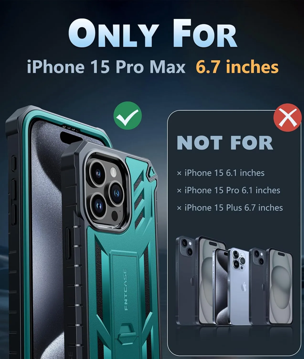 FNTCASE for iPhone 15-Pro-Max Case: Military Grade Drop Proof Rugged Protective Cell Phone Cover with Kickstand & Built-in Protector | Matte Textured Shockproof TPU Hybrid Bumper Cases (Green)