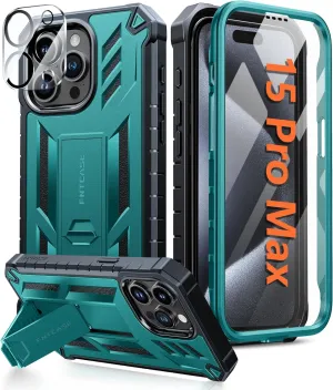 FNTCASE for iPhone 15-Pro-Max Case: Military Grade Drop Proof Rugged Protective Cell Phone Cover with Kickstand & Built-in Protector | Matte Textured Shockproof TPU Hybrid Bumper Cases (Green)