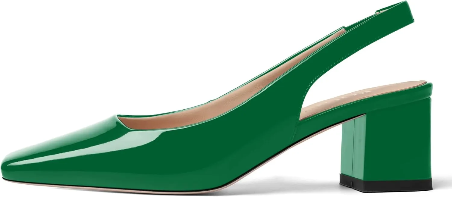FOGEENA Womens Square Toe Patent Party Solid Dress Slip On Chunky Leather Low Heel Pumps Shoes 2 Inch
