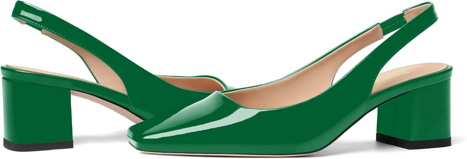 FOGEENA Womens Square Toe Patent Party Solid Dress Slip On Chunky Leather Low Heel Pumps Shoes 2 Inch