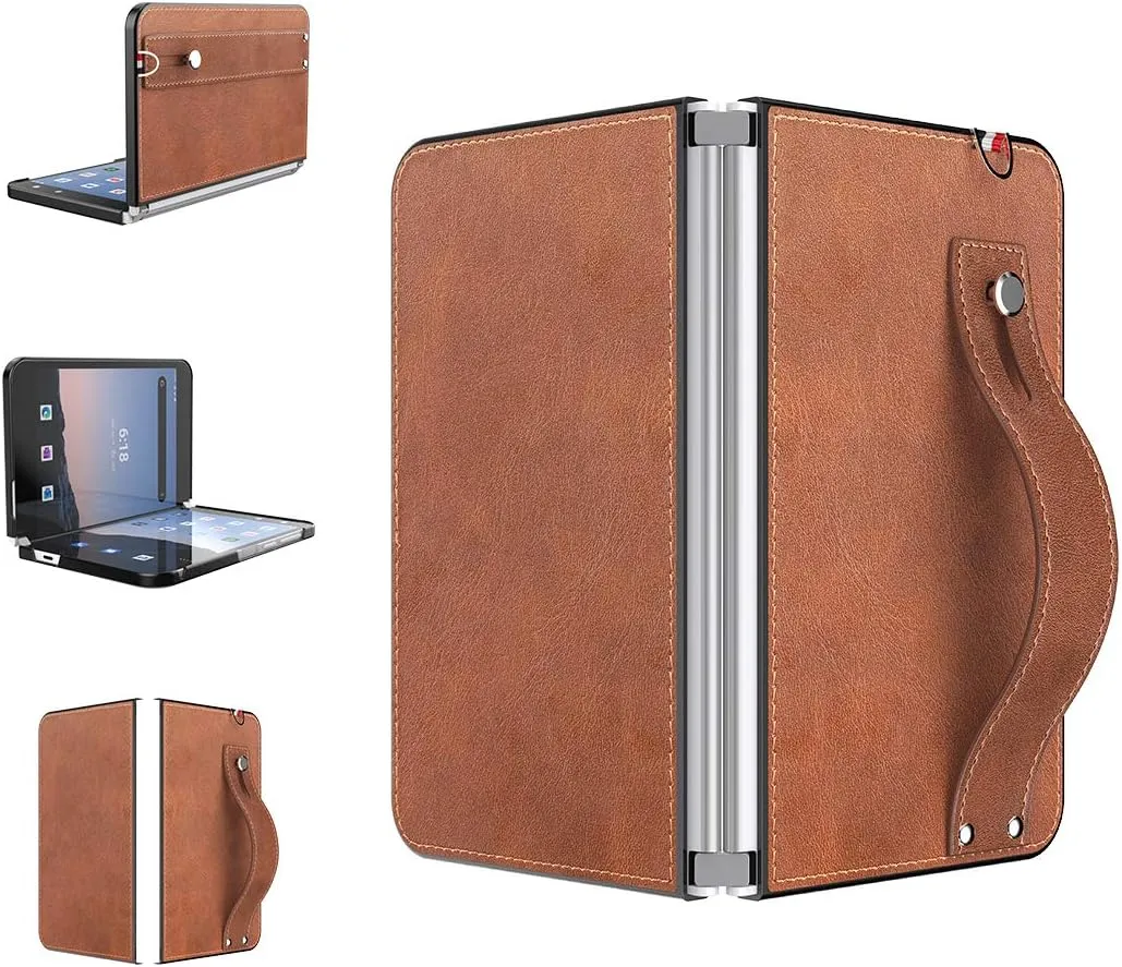 Foluu for Microsoft Surface Duo Leather Case 2020, Slim & Lightweight PU Leather Back Cover Hard PC Holder with Hand Strap Protective Phone Case (Brown)