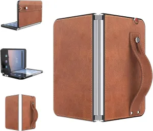 Foluu for Microsoft Surface Duo Leather Case 2020, Slim & Lightweight PU Leather Back Cover Hard PC Holder with Hand Strap Protective Phone Case (Brown)