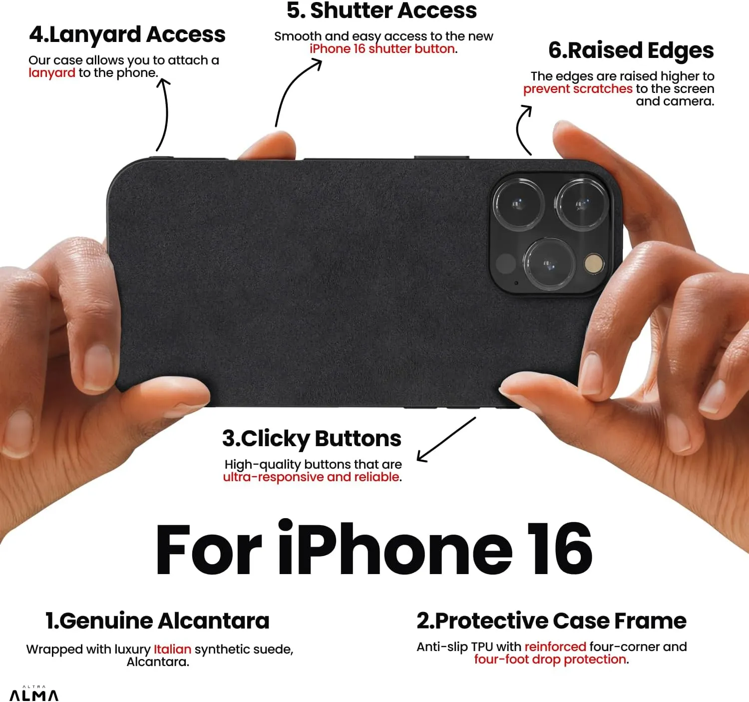 for Alcantara Back-Wrap Phone Case for iPhone 16 Series, Handmade Back-Wrap Italian Synthetic Suede Cover, Compatible with Mag-Safe Wireless Charging (for iPhone 16 Pro Max, Black)