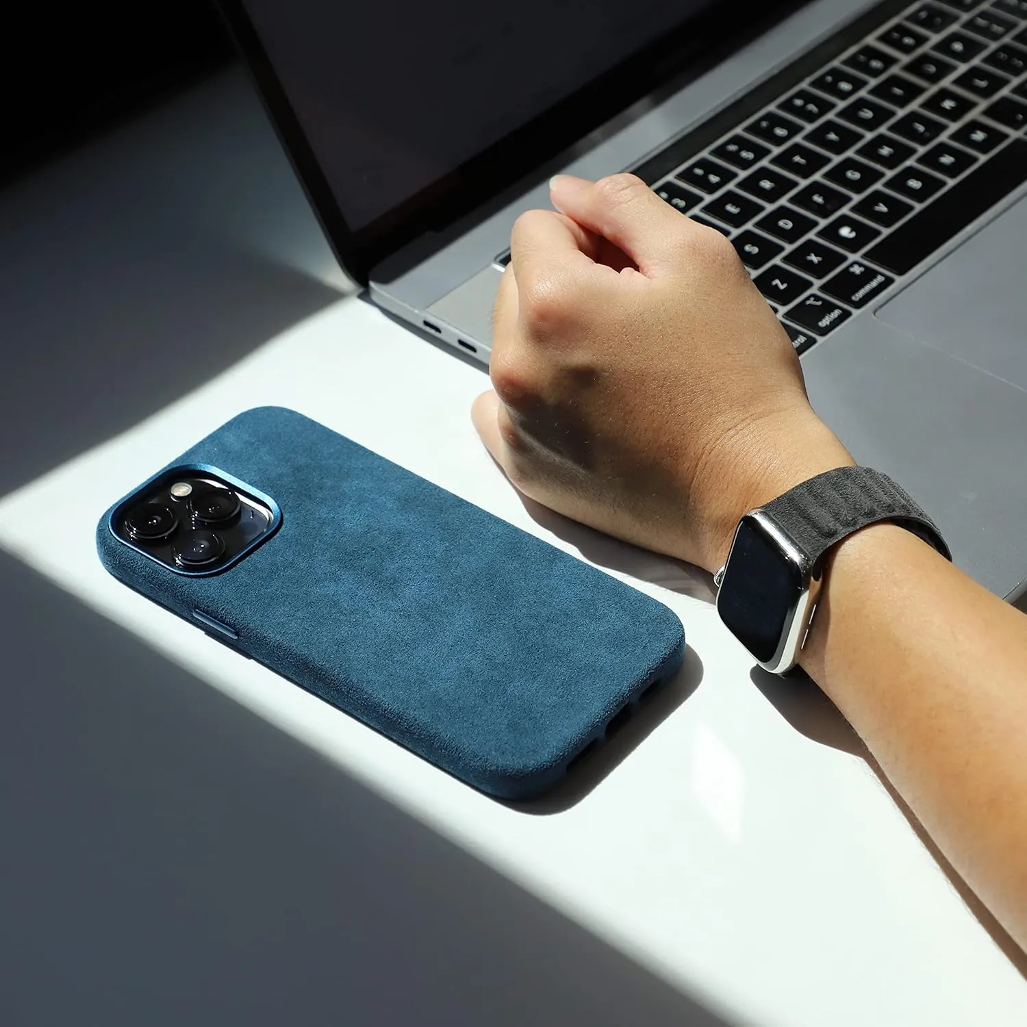 for Alcantara Full-Wrap Phone Case for iPhone 12 Series, Compatible with Mag-Safe Wireless Charging, Handmade Full-Wrap Italian Synthetic Suede Cover (for iPhone 12 Pro Max, Navy Blue)