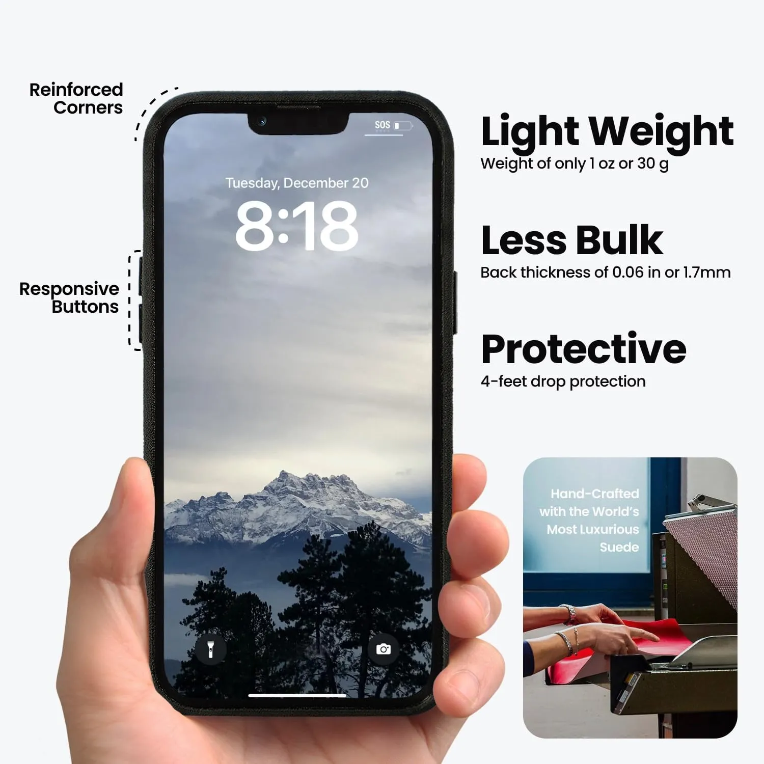 for Alcantara Full-Wrap Phone Case for iPhone 15 Series, Compatible with Mag-Safe Wireless Charging, Handmade Full-Wrap Italian Synthetic Suede Cover (for iPhone 15 Pro Max, Black)