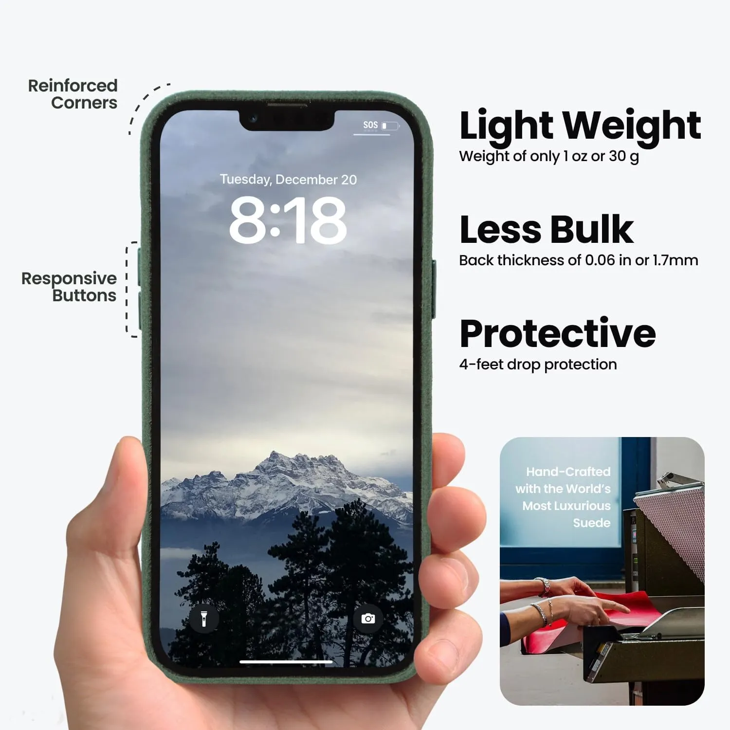 for Alcantara Full-Wrap Phone Case for iPhone 16 Series, Compatible with Mag-Safe Wireless Charging, Handmade Full-Wrap Italian Synthetic Suede Cover (for iPhone 16 Pro Max, Forest Green)