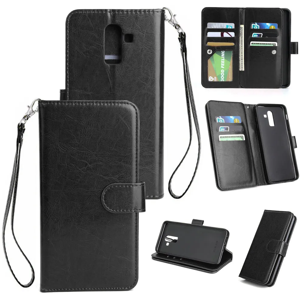 For Samsung J8 2018 PU Non-slip Shockproof Cell Phone Case with 9 Card Slots Lanyard Bracket red