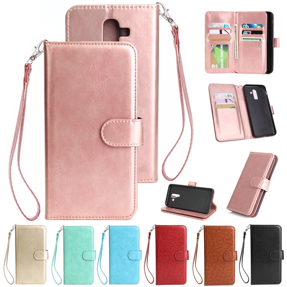 For Samsung J8 2018 PU Non-slip Shockproof Cell Phone Case with 9 Card Slots Lanyard Bracket red