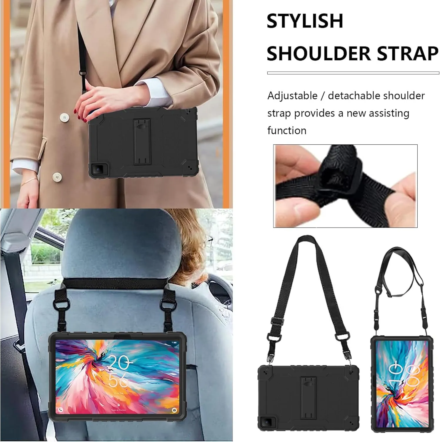 for TCL TAB 10 NXTPAPER 5G 10.4 Inch Tablet Case with Shoulder Strap Hard Back Hybrid Shockproof Kids Friendly Case for TCL TAB 10 NXTPAPER 5G 10.4 Inch Model 9199S Tablet (Black/Black)