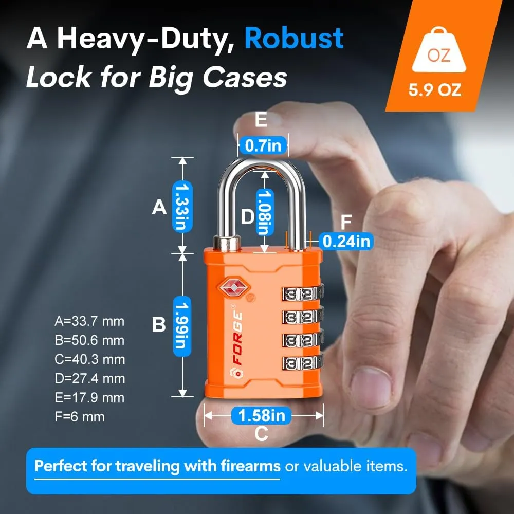 FORGE 4 Digit 17067 TSA Approved Tool Box and Case Lock, Combination Padlock for Travel, Orange 1 Lock