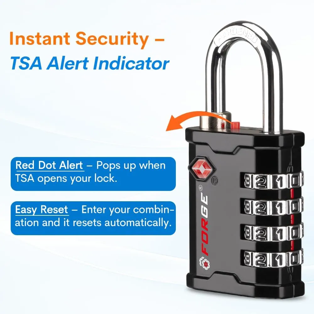 Forge 4-Digit TSA Approved Travel Locks – TSA008 Key System, Key Duplication Impossible, Heavy-Duty Combination Padlock for Travel, Gym, Pelican Case. Black 2-Pack.