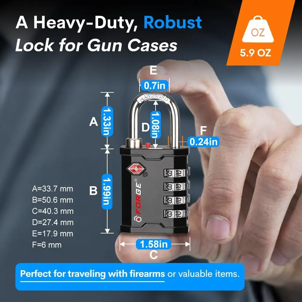 Forge 4-Digit TSA Approved Travel Locks – TSA008 Key System, Key Duplication Impossible, Heavy-Duty Combination Padlock for Travel, Gym, Pelican Case. Black 2-Pack.