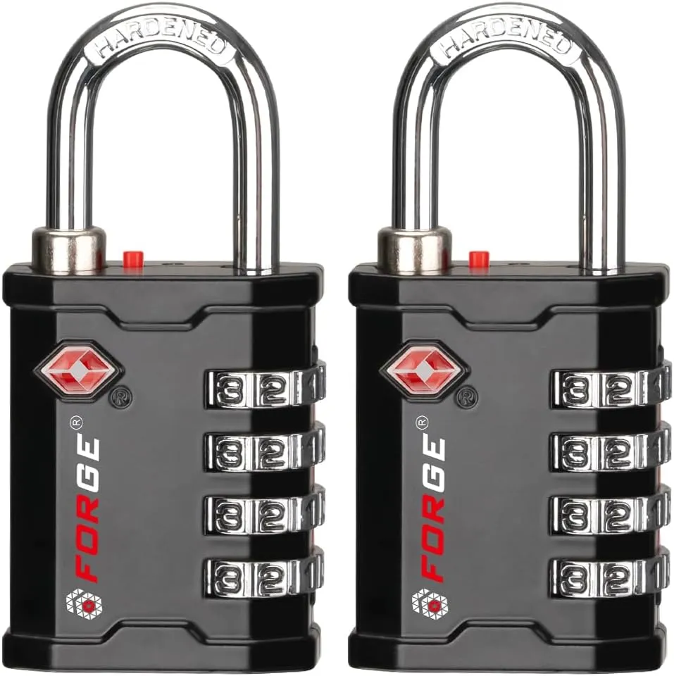Forge 4-Digit TSA Approved Travel Locks – TSA008 Key System, Key Duplication Impossible, Heavy-Duty Combination Padlock for Travel, Gym, Pelican Case. Black 2-Pack.