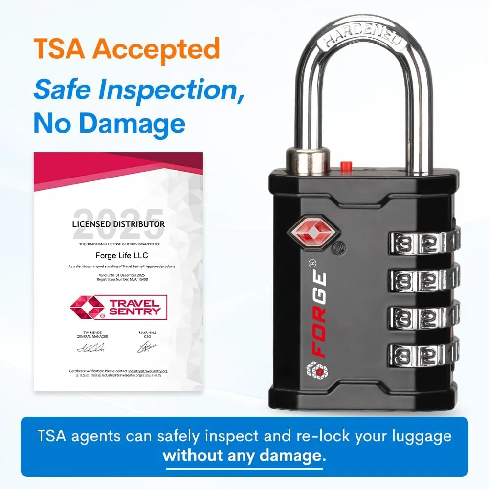 Forge 4-Digit TSA Approved Travel Locks – TSA008 Key System, Key Duplication Impossible, Heavy-Duty Combination Padlock for Travel, Gym, Pelican Case. Black 2-Pack.