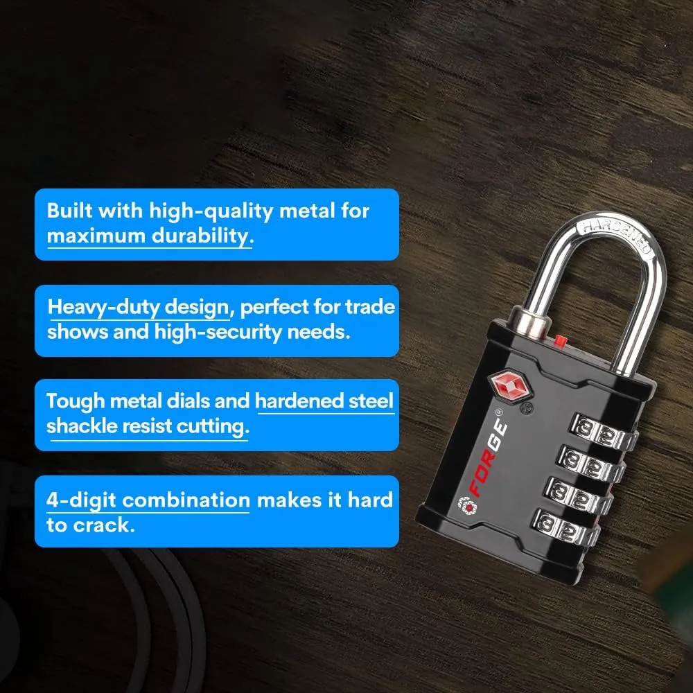 Forge 4-Digit TSA Approved Travel Locks – TSA008 Key System, Key Duplication Impossible, Heavy-Duty Combination Padlock for Travel, Gym, Pelican Case. Black 2-Pack.