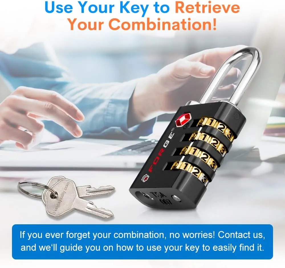 Forge Dual-Opening: Key or Combination Access Lock, TSA Approved Locks for Luggage, Pelican case, Travel, Gym, School, Stainless Steel Shackle. (Black 2 Pk)
