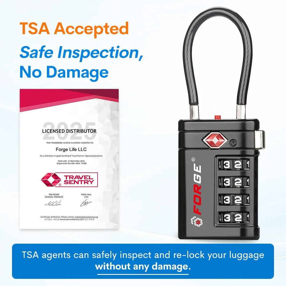 Forge TSA Approved Luggage Locks 4 Digit Combination TSA Travel Locks with TSA008, Open Alert Indicator, Zinc Alloy Body for Luggage, Suitcase, Backpack, and More. Black 4 Locks.