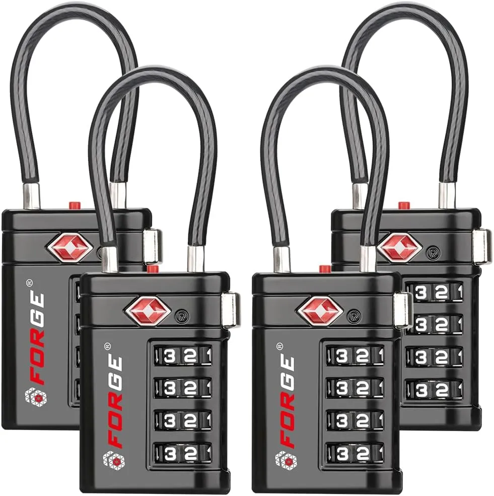 Forge TSA Approved Luggage Locks 4 Digit Combination TSA Travel Locks with TSA008, Open Alert Indicator, Zinc Alloy Body for Luggage, Suitcase, Backpack, and More. Black 4 Locks.