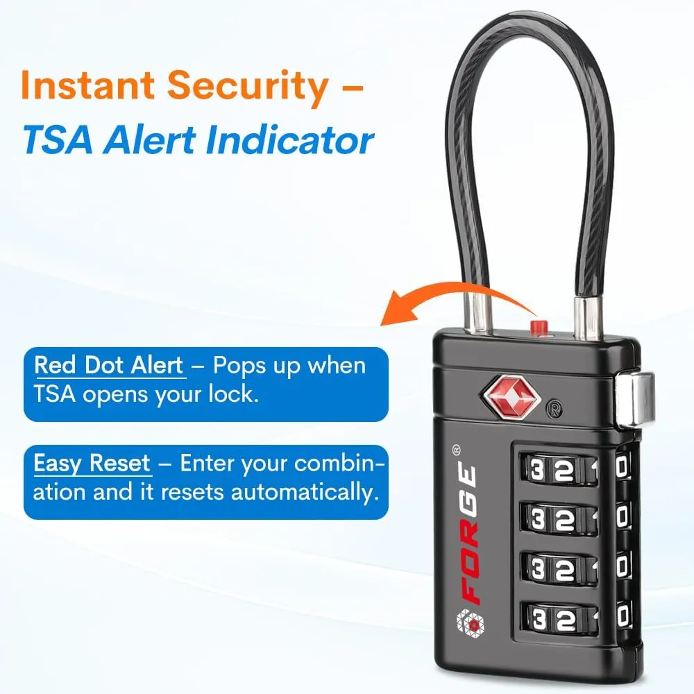 Forge TSA Approved Luggage Locks 4 Digit Combination TSA Travel Locks with TSA008, Open Alert Indicator, Zinc Alloy Body for Luggage, Suitcase, Backpack, and More. Black 4 Locks.