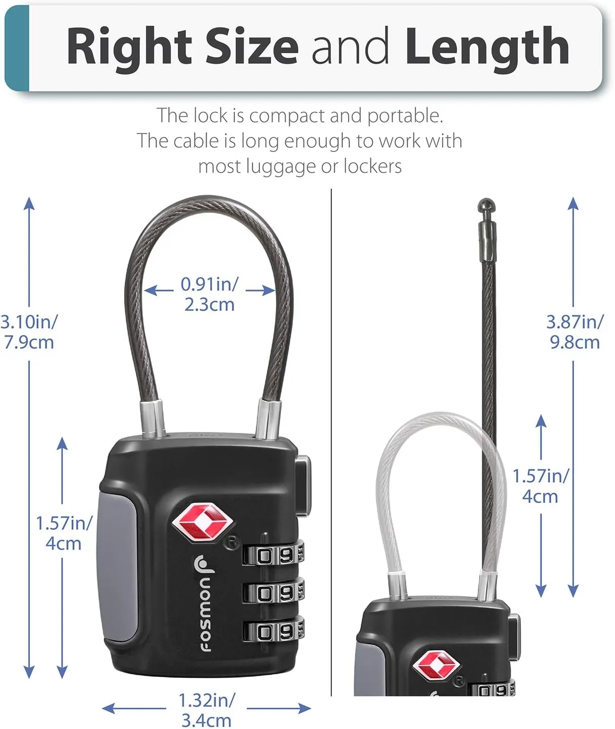 Fosmon TSA Approved Cable Locks for Luggage, Suitcase, Gun Case Lock with Push Release Button, 3 Digit Long Shackle Combination Wire Lock for Backpack