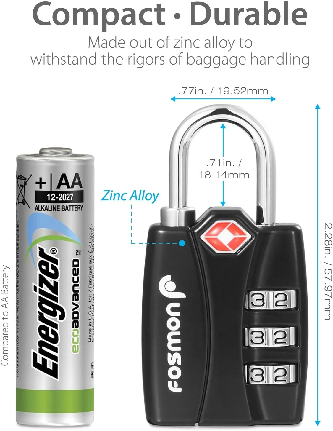 Fosmon TSA Approved Locks for Luggage. Suitcase Locks with Open Alert Indicator, 3 Digit Combination Padlock with Alloy Body for Travel, Backpack Zipper Anti Theft, Locker, Gym, Gun Case, Tent- 2 Pack