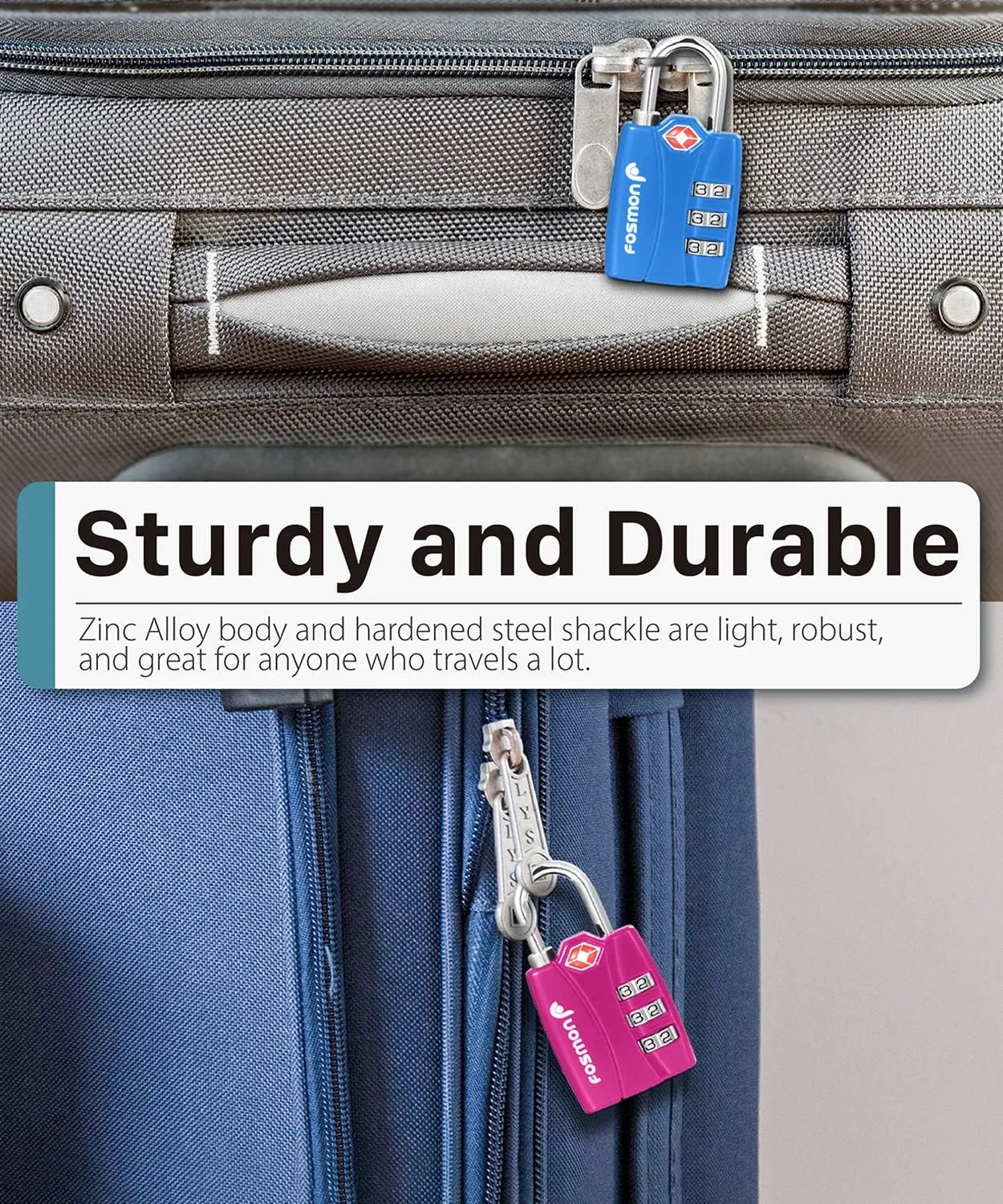 Fosmon TSA Approved Locks for Luggage. Suitcase Locks with Open Alert Indicator, 3 Digit Combination Padlock with Alloy Body for Travel, Backpack Zipper Anti Theft, Locker, Gym, Gun Case, Tent- 4 Pack