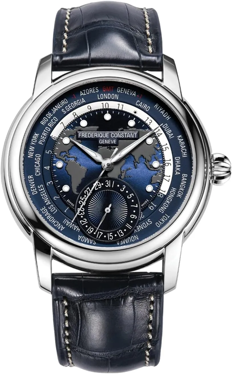 Frederique Constant Men's FC718NWM4H6 Worldtimer Automatic Watch With Blue Leather Band