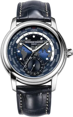 Frederique Constant Men's FC718NWM4H6 Worldtimer Automatic Watch With Blue Leather Band