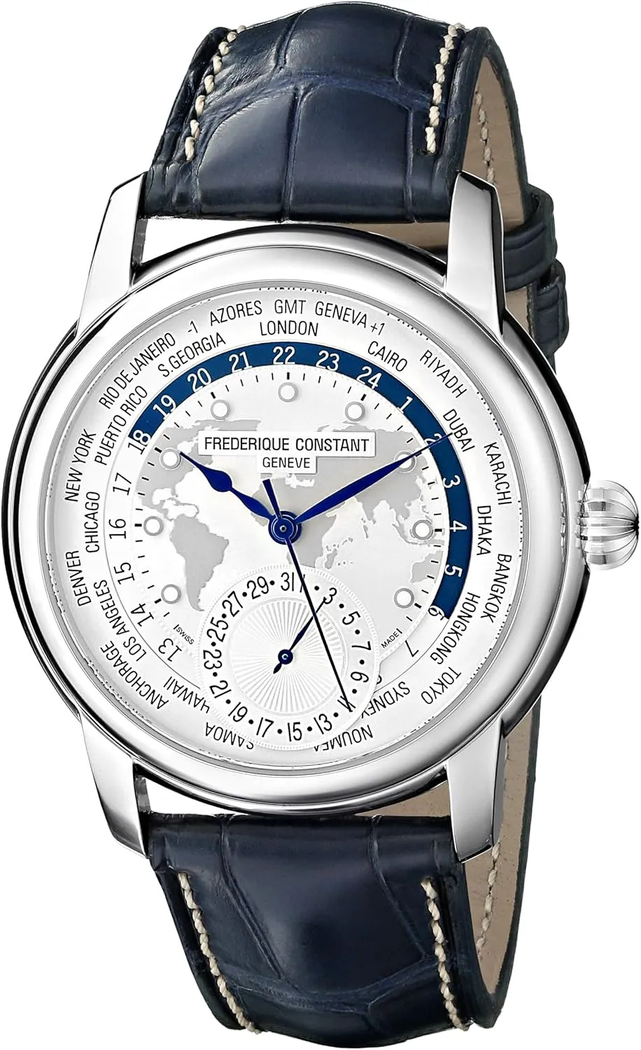 Frederique Constant Men's 'World Timer' Silver Dial Blue Leather Strap Swiss Automatic Watch FC-718WM4H6