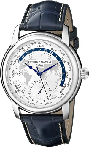 Frederique Constant Men's 'World Timer' Silver Dial Blue Leather Strap Swiss Automatic Watch FC-718WM4H6