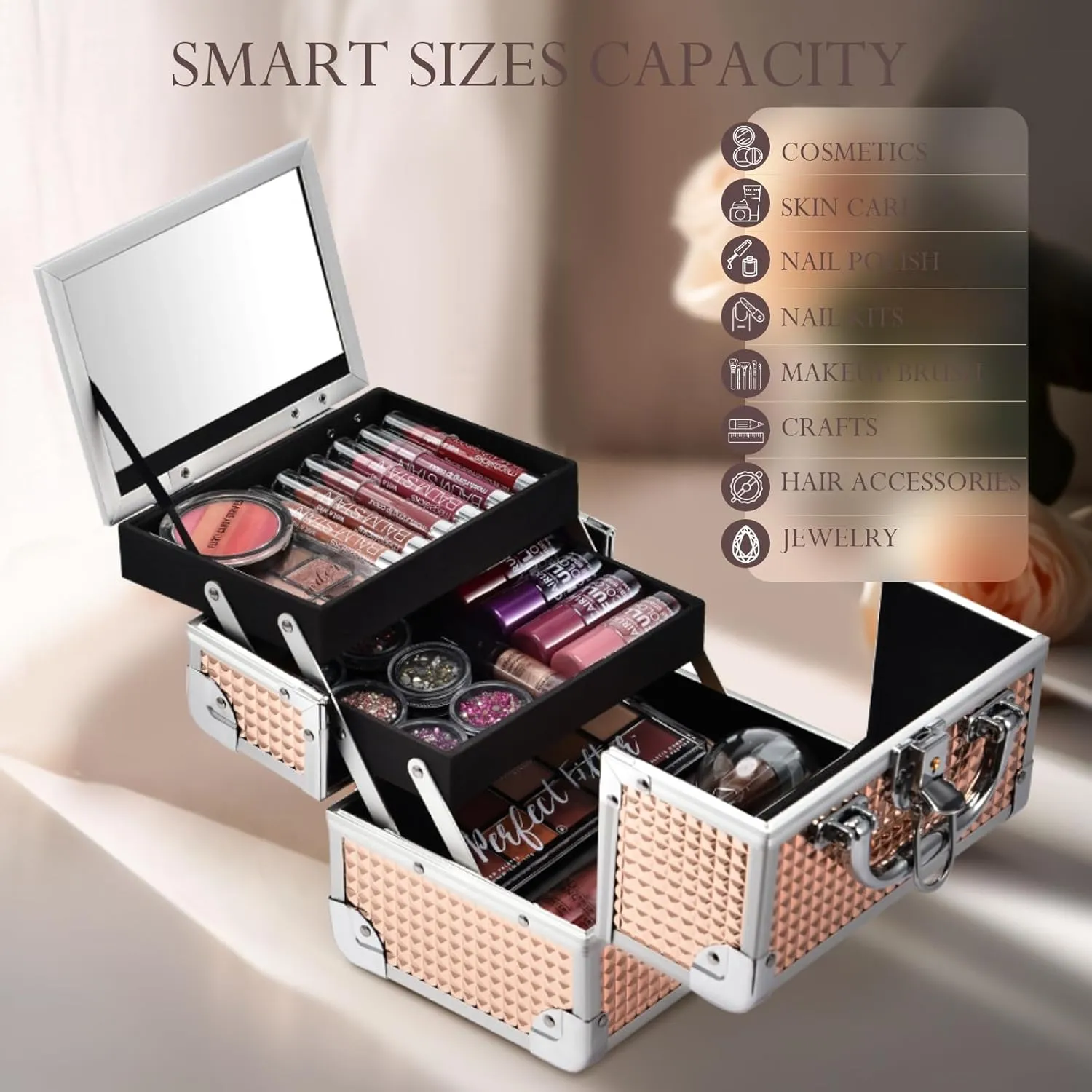 FRENESSA Makeup Case Train Case Portable Makeup Box with Mirror Lock Box Travel Cosmetic Train Cases Hard Makeup Organizer Artist Nail Sewing Storage Vanity Case Rose Gold