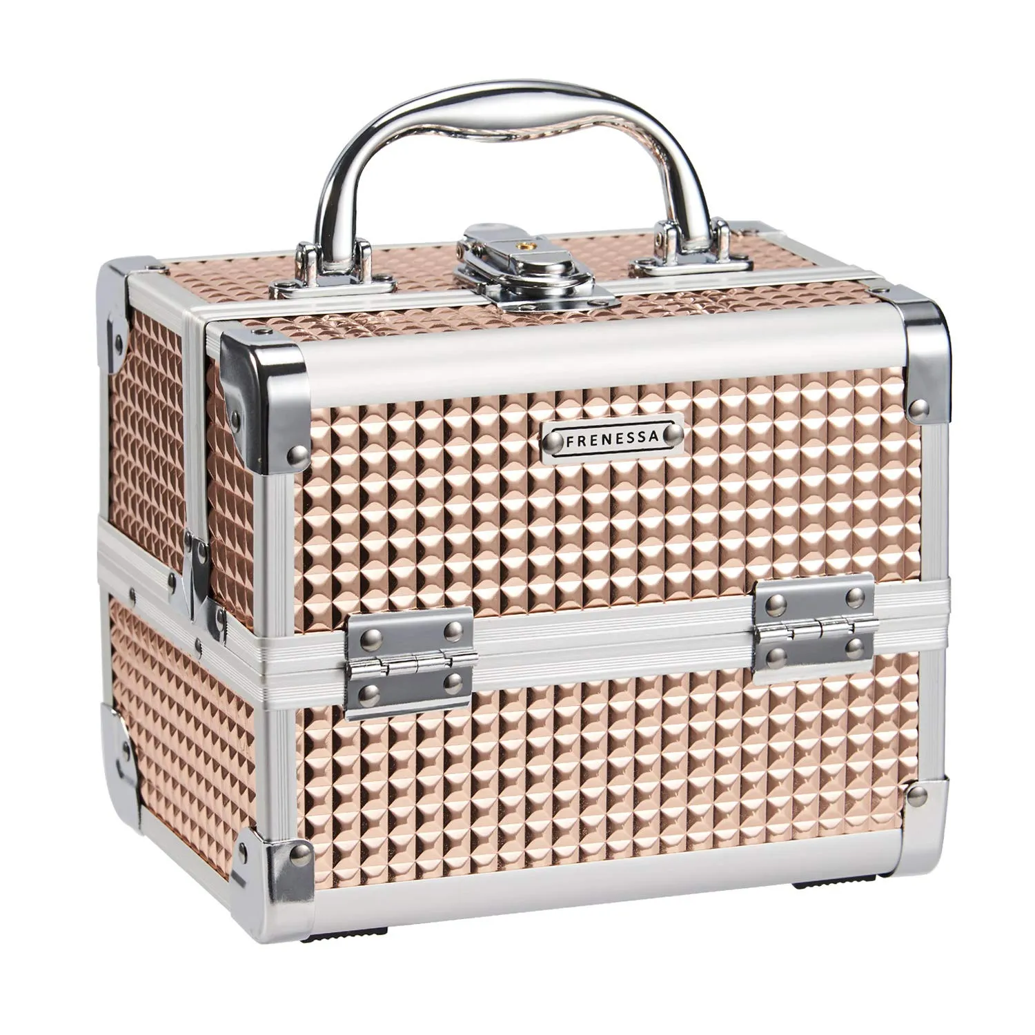 FRENESSA Makeup Case Train Case Portable Makeup Box with Mirror Lock Box Travel Cosmetic Train Cases Hard Makeup Organizer Artist Nail Sewing Storage Vanity Case Rose Gold