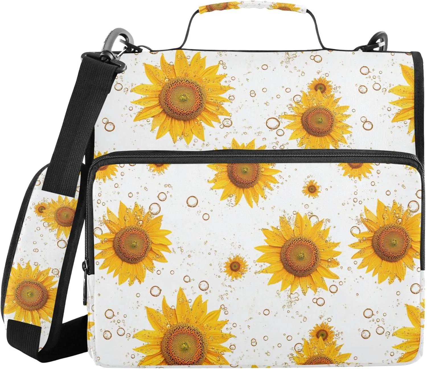 Funny Sunflower Star White Zippered Binder Bag with Shoulder Strap Multiple Pockets 1.5 Inch 3 Rings Pencil Cases Portfolio Binder Documents Files Organizer