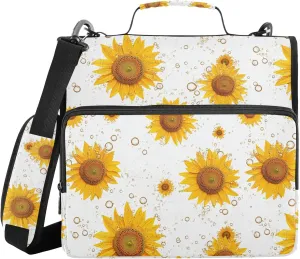 Funny Sunflower Star White Zippered Binder Bag with Shoulder Strap Multiple Pockets 1.5 Inch 3 Rings Pencil Cases Portfolio Binder Documents Files Organizer