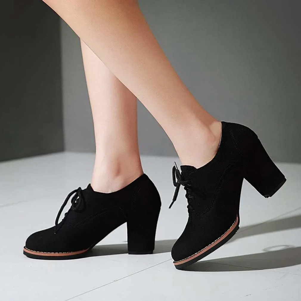 Generic Women’s Block Heel Pumps Comfort Oxfords Shoes Suede Lace up Dress Shoes Chunky Mid Heels Ankle Boots